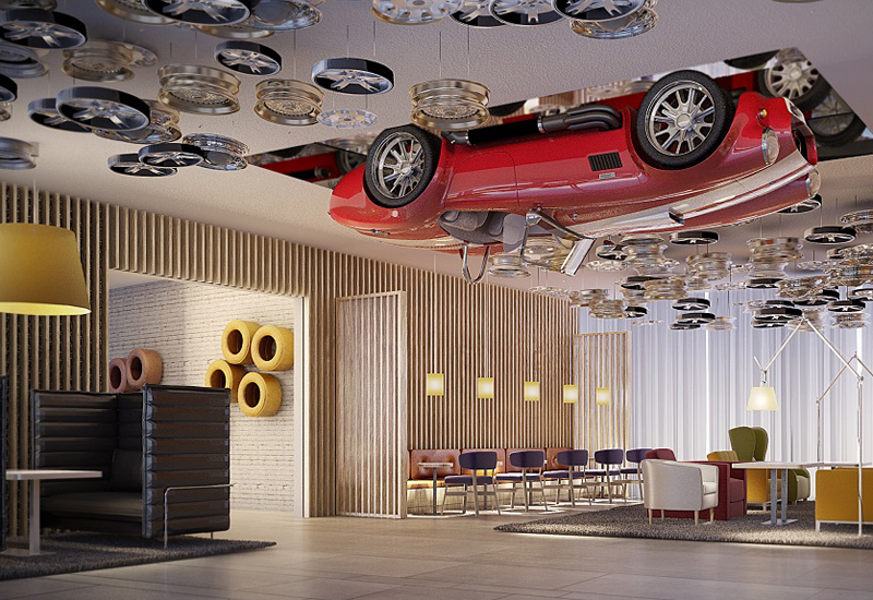 A vintage Ferrari will suspend from the hotel lobby's ceiling.